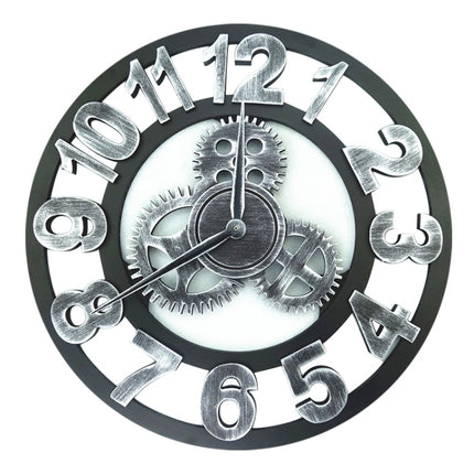 Retro Wooden Round Single-sided Gear Clock Arabic Number Wall Clock, Diameter: 30cm (Silver)-garmade.com