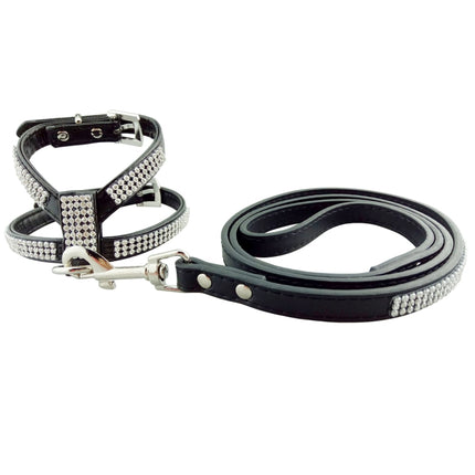 Rhinestone PU Soft Breathable Dog Harness Pet Vest Dog Chest Strap Leash Dog Collar, Size: M (Black)-garmade.com