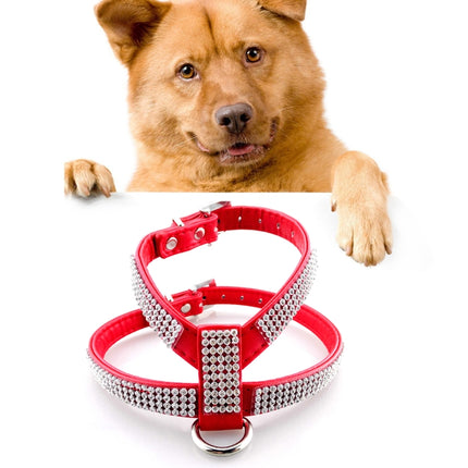 Rhinestone PU Soft Breathable Dog Harness Pet Vest Dog Chest Strap Leash Dog Collar, Size: M (Red)-garmade.com