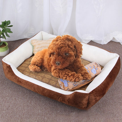 Dog Bone Pattern Big Soft Warm Kennel Pet Dog Cat Mat Blanket, with Rattan Mat & Blanket Size: S, 60×45×15cm (Brown White)-garmade.com