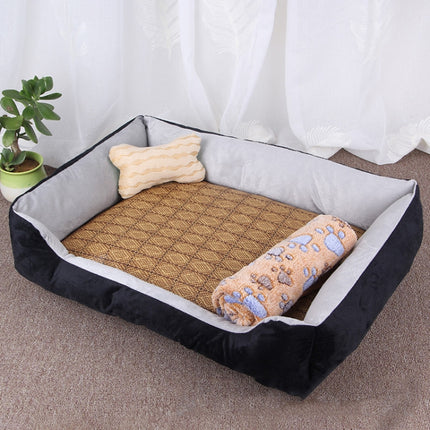 Dog Bone Pattern Big Soft Warm Kennel Pet Dog Cat Mat Blanket, with Rattan Mat & Blanket Size: XL, 90×70×15cm(Black Grey)-garmade.com