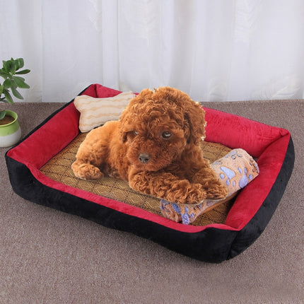 Dog Bone Pattern Big Soft Warm Kennel Pet Dog Cat Mat Blanket, with Rattan Mat & Blanket Size: XL, 90×70×15cm (Black Red)-garmade.com