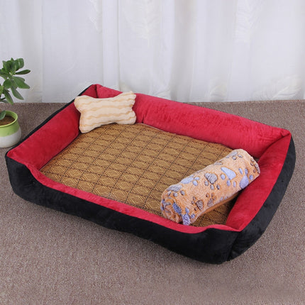 Dog Bone Pattern Big Soft Warm Kennel Pet Dog Cat Mat Blanket, with Rattan Mat & Blanket Size: XL, 90×70×15cm (Black Red)-garmade.com