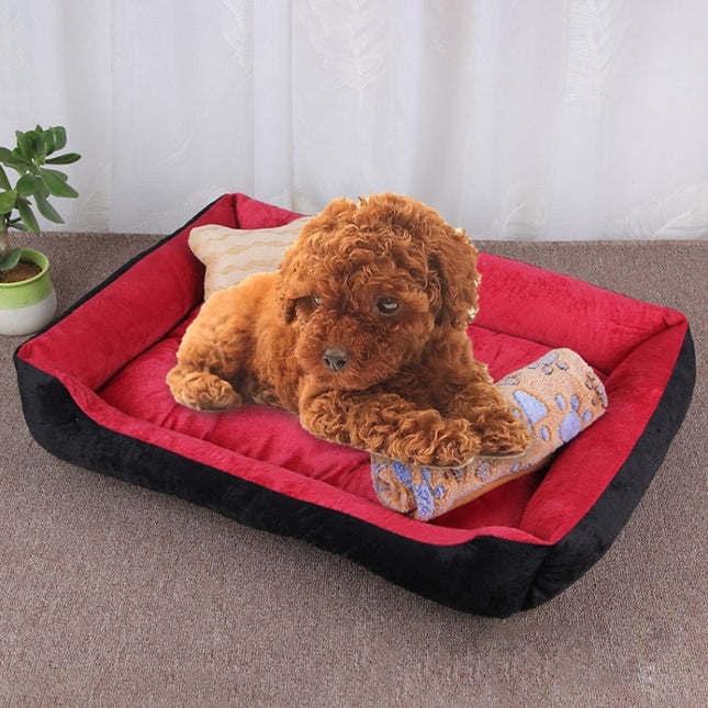 Dog Bone Pattern Big Soft Warm Kennel Pet Dog Cat Mat Blanket, with Blanket Size: L, 80×60×15cm (Black Red)-garmade.com