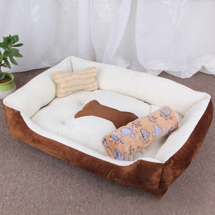 Dog Bone Pattern Big Soft Warm Kennel Pet Dog Cat Mat Blanket, with Blanket Size: M, 70×50×15cm (Brown White)-garmade.com