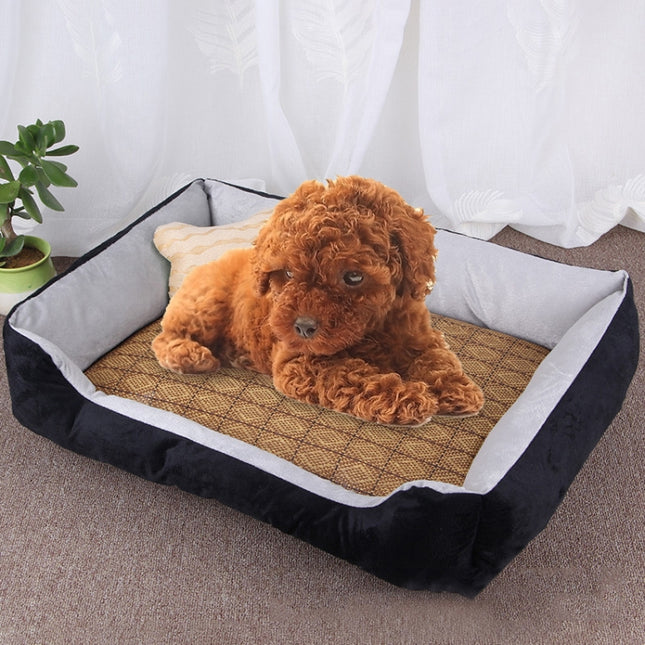 Dog Bone Pattern Big Soft Warm Kennel Pet Dog Cat Mat Blanket, with Rattan Mat Size: S, 60×45×15cm (Black Grey)-garmade.com