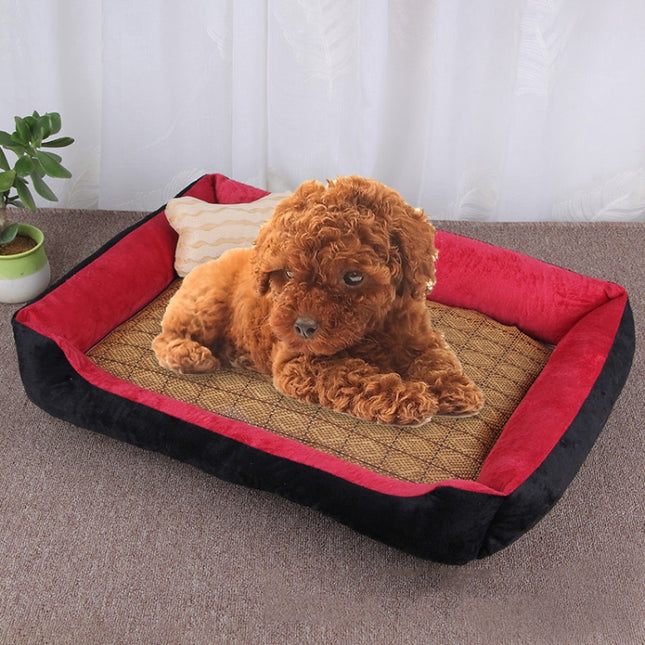 Dog Bone Pattern Big Soft Warm Kennel Pet Dog Cat Mat Blanket, with Rattan Mat Size: XL, 90×70×15cm (Black Red)-garmade.com