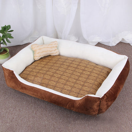 Dog Bone Pattern Big Soft Warm Kennel Pet Dog Cat Mat Blanket,with Rattan Mat Size: XXS, 45×30×15cm (Brown White)-garmade.com