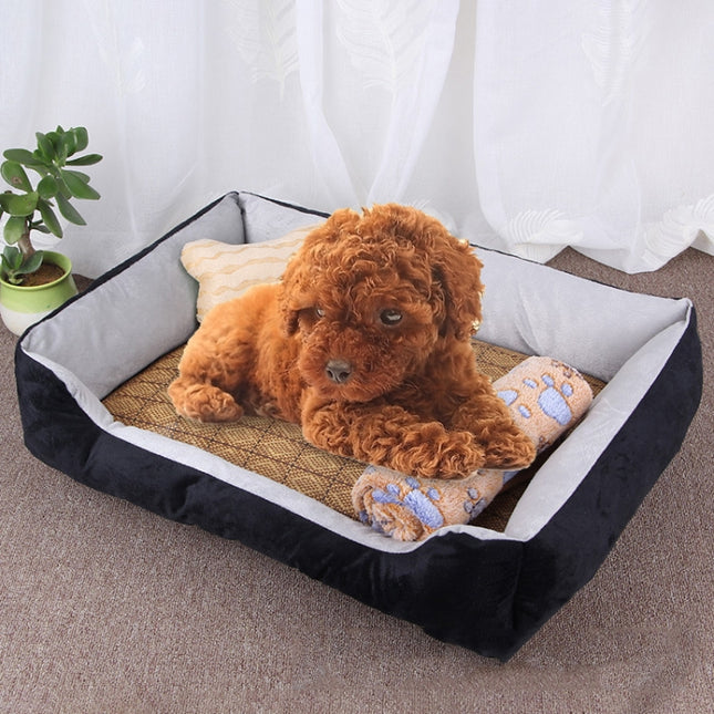 Dog Bone Pattern Big Soft Warm Kennel Pet Dog Cat Mat Blanket, with Rattan Mat & Blanket Size: L, 80×60×15cm(Black Grey)-garmade.com