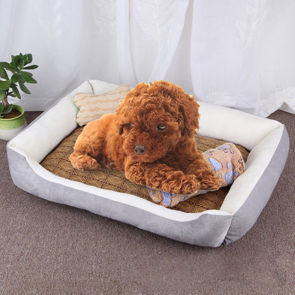 Dog Bone Pattern Big Soft Warm Kennel Pet Dog Cat Mat Blanket, with Rattan Mat & Blanket Size: L, 80×60×15cm(Grey White)-garmade.com
