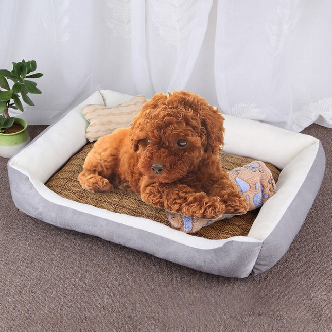 Dog Bone Pattern Big Soft Warm Kennel Pet Dog Cat Mat Blanket, with Rattan Mat & Blanket Size: M, 70×50×15cm (Grey White)-garmade.com