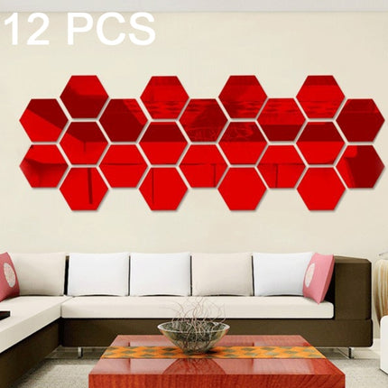 12 PCS 3D Hexagonal Mirror Wall Stickers Set, Size: 10*10cm(Red)-garmade.com