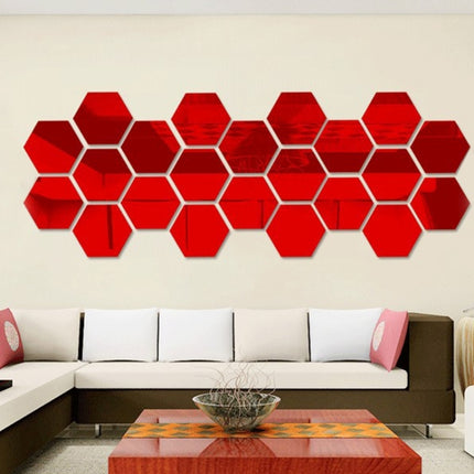 12 PCS 3D Hexagonal Mirror Wall Stickers Set, Size: 10*10cm(Red)-garmade.com