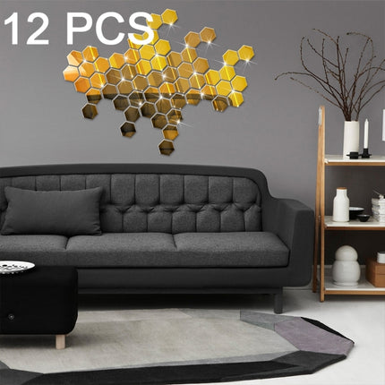 12 PCS 3D Hexagonal Mirror Wall Stickers Set, Size: 8*8cm(Gold)-garmade.com