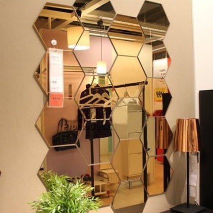 12 PCS 3D Hexagonal Mirror Wall Stickers Set, Size: 8*8cm(Gold)-garmade.com