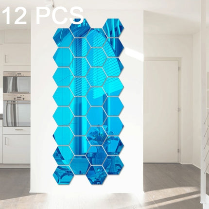 12 PCS 3D Hexagonal Mirror Wall Stickers Set, Size: 8*8cm(Blue)-garmade.com