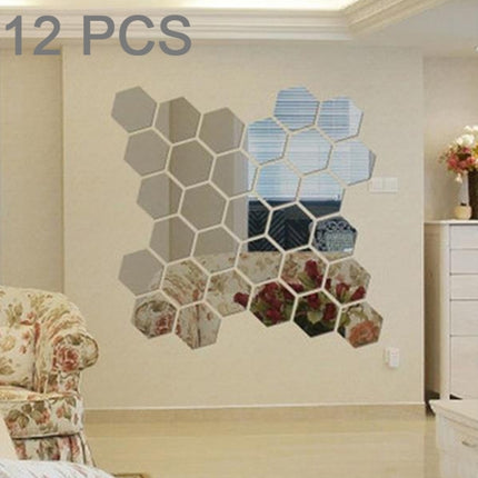 12 PCS 3D Hexagonal Mirror Wall Stickers Set, Size: 8*8cm(Silver)-garmade.com