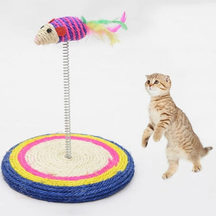 Colorful Pet Cat Playing Toys Sisal Spring Seat Cat Scratch Board With Mouse, Board Diameter: 19cm-garmade.com