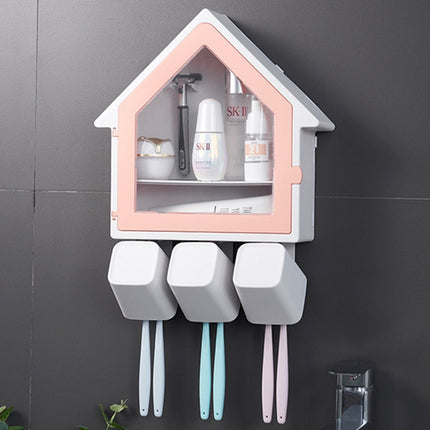 Bathroom Wall Hanging Small House Toothbrush Holder Toiletries Storage Shelf (Pink)-garmade.com