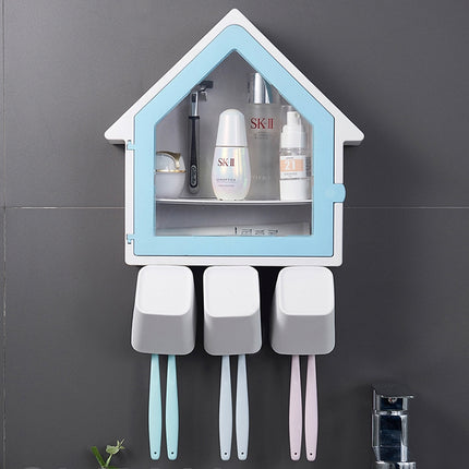 Bathroom Wall Hanging Small House Toothbrush Holder Toiletries Storage Shelf (Blue)-garmade.com