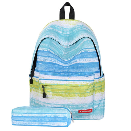 Green Stripe Pattern Print Travel Backpack School Shoulders Bag with Pen Bag for Girls, Size: 40cm x 30cm x 17cm-garmade.com