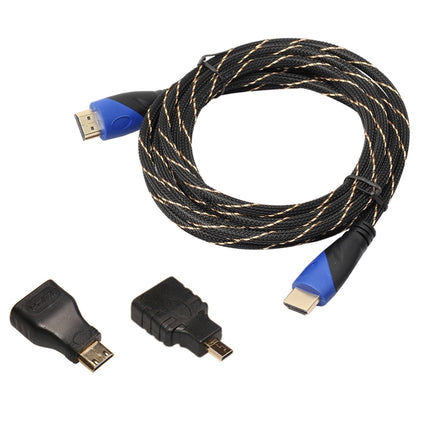 5m HDMI 1.4 Version 1080P Woven Net Line Blue Black Head HDMI Male to HDMI Male Audio Video Connector Adapter Cable with Mini HDMI & Micro HDMI Adapter Set-garmade.com
