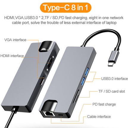 HW-TC12 8 In 1 Type-C / USB-C Multifunctional Extension HUB Adapter Hdmi / Vga Hub Card Reader + Network Card-garmade.com
