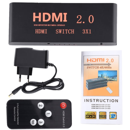 3X1 4K/60Hz HDMI 2.0 Switch with Remote Control, EU Plug-garmade.com
