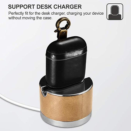 ICARER Cowhide Leather Anti-lost Dropproof Wireless Earphones Charging Box Protective Case for Apple AirPods 1/2, with Clasp(Black)-garmade.com