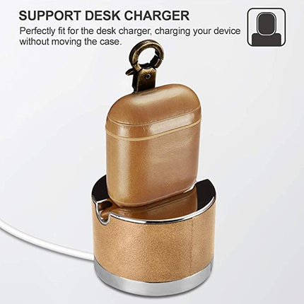 ICARER Cowhide Leather Anti-lost Dropproof Wireless Earphones Charging Box Protective Case for Apple AirPods 1/2, with Clasp(Khaki)-garmade.com