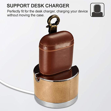 ICARER Cowhide Leather Anti-lost Dropproof Wireless Earphones Charging Box Protective Case for Apple AirPods 1/2, with Clasp(Brown)-garmade.com