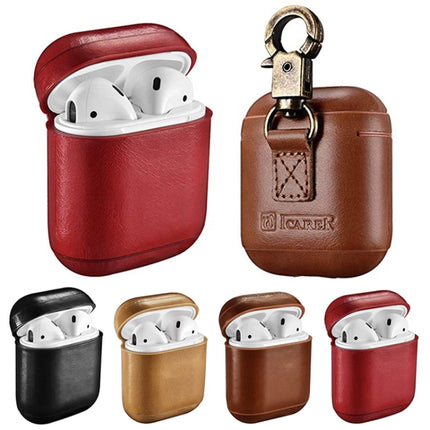 ICARER Cowhide Leather Anti-lost Dropproof Wireless Earphones Charging Box Protective Case for Apple AirPods 1/2, with Clasp(Khaki)-garmade.com