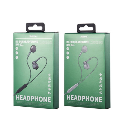 REMAX RM-201 In-Ear Stereo Metal Music Earphone with Wire Control + MIC, Support Hands-free(Silver)-garmade.com