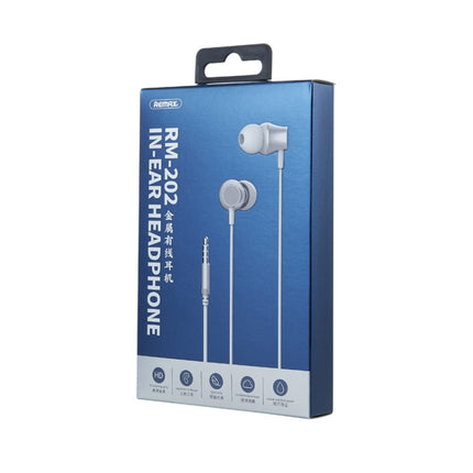 REMAX RM-202 In-Ear Stereo Metal Music Earphone with Wire Control + MIC, Support Hands-free(Silver)-garmade.com