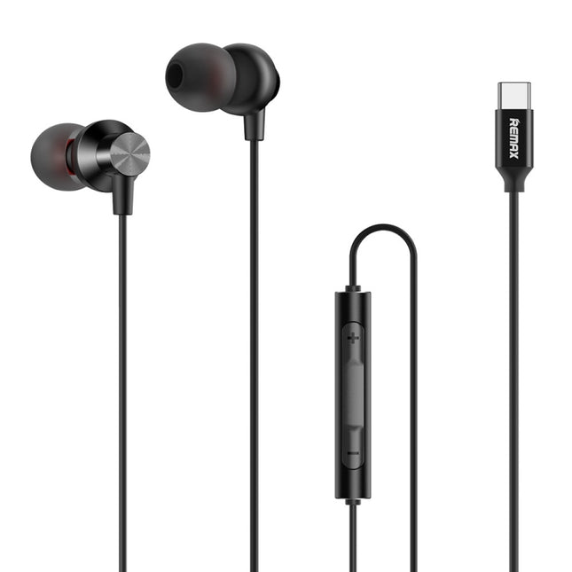REMAX RM-560 Type-C In-Ear Stereo Metal Music Earphone with Wire Control + MIC, Support Hands-free, Not For Samsung Phones(Black)-garmade.com
