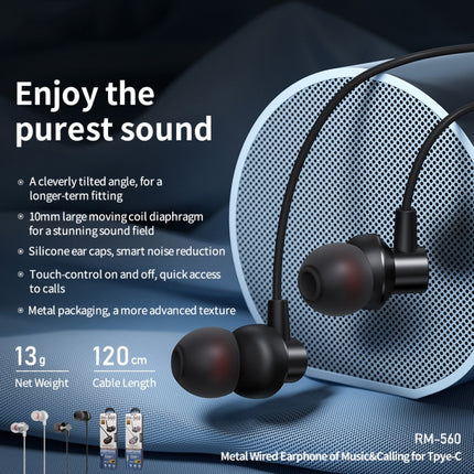 REMAX RM-560 Type-C In-Ear Stereo Metal Music Earphone with Wire Control + MIC, Support Hands-free, Not For Samsung Phones(Black)-garmade.com