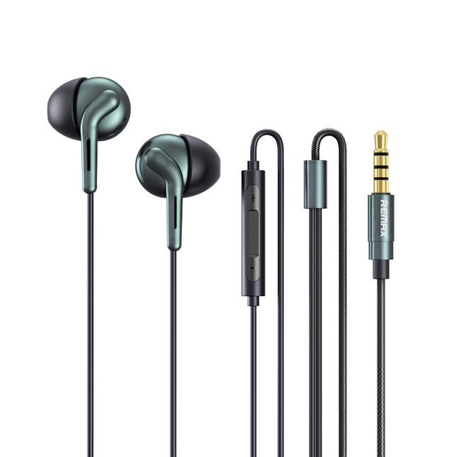 REMAX RM-595 3.5mm Gold Pin In-Ear Stereo Double-action Metal Music Earphone with Wire Control + MIC, Support Hands-free (Green)-garmade.com