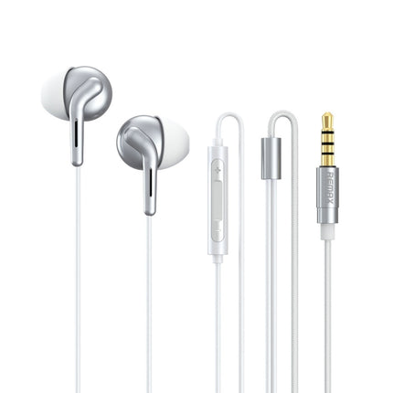 REMAX RM-595 3.5mm Gold Pin In-Ear Stereo Double-action Metal Music Earphone with Wire Control + MIC, Support Hands-free (White)-garmade.com
