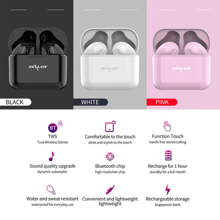 ZEALOT T3 Bluetooth 5.0 TWS Wireless Bluetooth Earphone with Charging Box, Support Touch & Call & Power Display(White)-garmade.com
