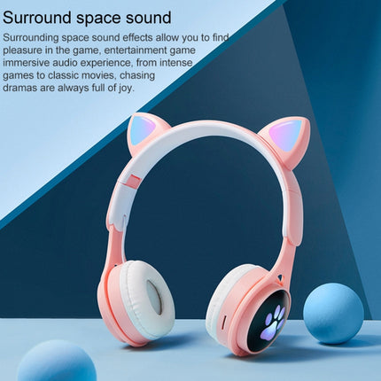 B30 Cat Paw Cat Ears Colorful Luminous Foldable Bluetooth Headset with 3.5mm Jack & TF Card Slot(White)-garmade.com