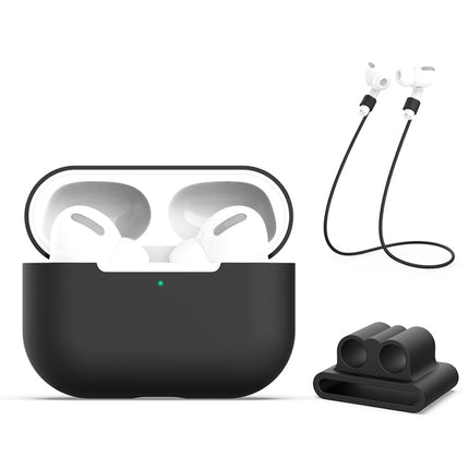 For AirPods Pro 3 in 1 Silicone Earphone Protective Case + Earphones Buckle + Anti-lost Rope Set(Black)-garmade.com