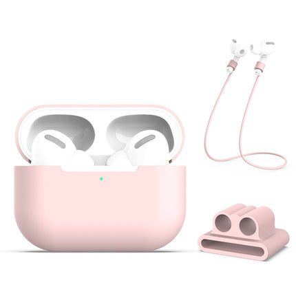 For AirPods Pro 3 in 1 Silicone Earphone Protective Case + Earphones Buckle + Anti-lost Rope Set(Pink)-garmade.com