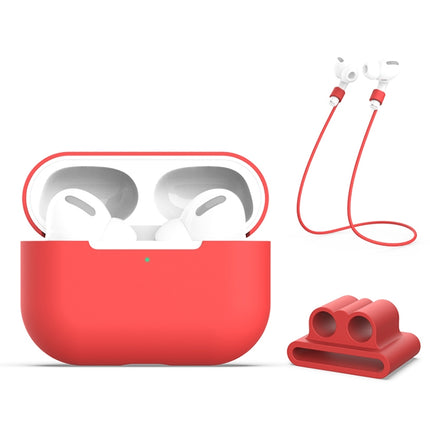 For AirPods Pro 3 in 1 Silicone Earphone Protective Case + Earphones Buckle + Anti-lost Rope Set(Red)-garmade.com