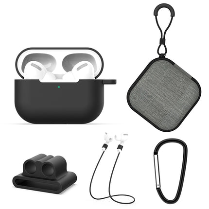 For AirPods Pro 5 in 1 Silicone Earphone Protective Case + Earphone Bag + Earphones Buckle + Hook + Anti-lost Rope Set(Black)-garmade.com