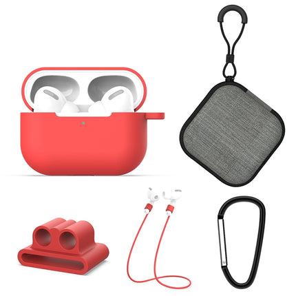 For AirPods Pro 5 in 1 Silicone Earphone Protective Case + Earphone Bag + Earphones Buckle + Hook + Anti-lost Rope Set(Red)-garmade.com