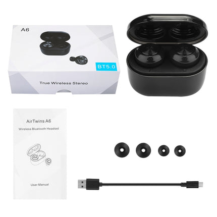 BTH-A6 Wireless Bluetooth 5.0 Earphone with Magnetic Charging Box (Black)-garmade.com