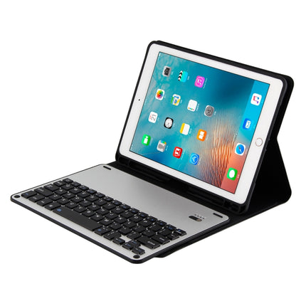 FT-1038E Detachable Bluetooth 3.0 Aluminum Alloy Keyboard + Lambskin Texture Leather Tablet Case for iPad Air / Air 2 / iPad Pro 9.7 inch, with Pen Slot / Water Repellent / Three-gear Angle Adjustment / Magnetic / Sleep Function (Black Silver)-garmade.com