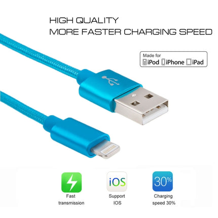 1m 3A Woven Style Metal Head 8 Pin to USB Data / Charger Cable(Blue)-garmade.com