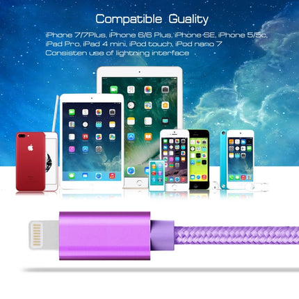 1m 3A Woven Style Metal Head 8 Pin to USB Data / Charger Cable(Purple)-garmade.com