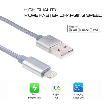 1m 3A Woven Style Metal Head 8 Pin to USB Data / Charger Cable(Silver)-garmade.com